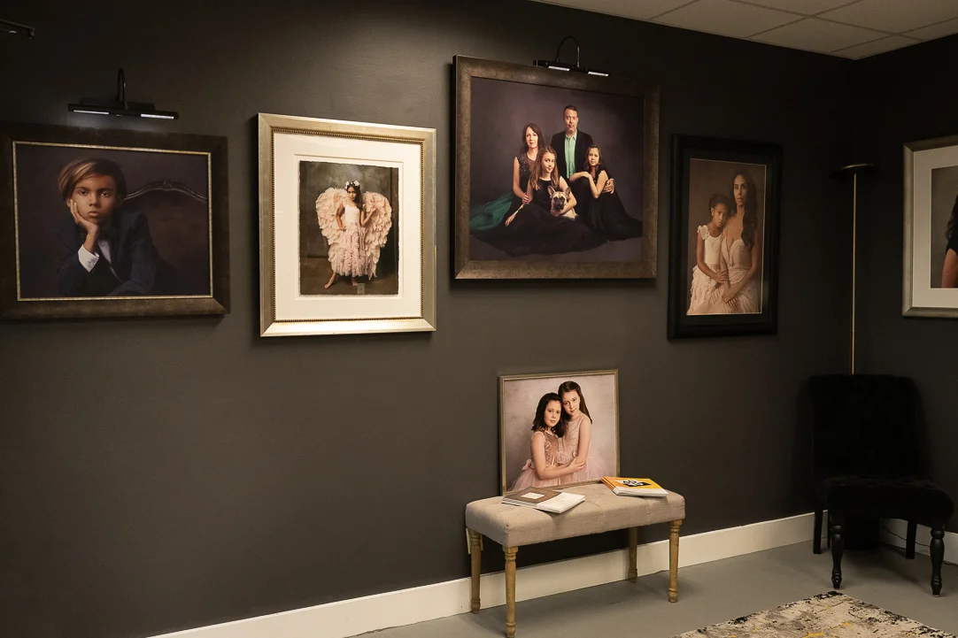 picture of the inside of Warner-Prokos Photography reception area showing artwork
